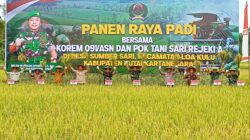 Panen Raya Padi Bersama Danrem 091/Asn Dan Kelompok Tani Sari Rejeki Di Desa Sumber Sari