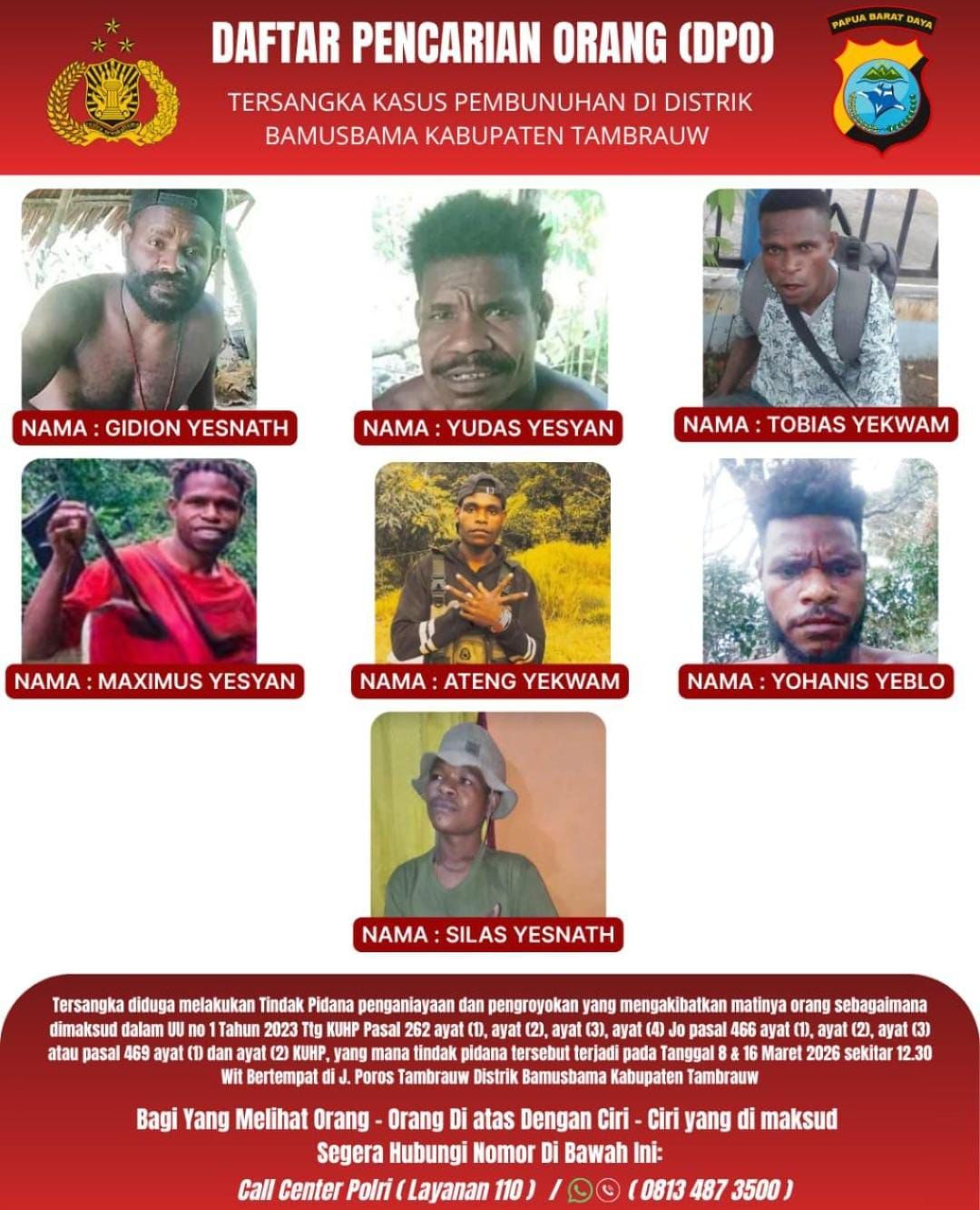 Polda PBD Tetapkan 7 DPO Kasus Pembunuhan di Tambrauw: Polisi Dalami Jaringan Pelaku, Ungkap Daftar Buronan Pembunuhan