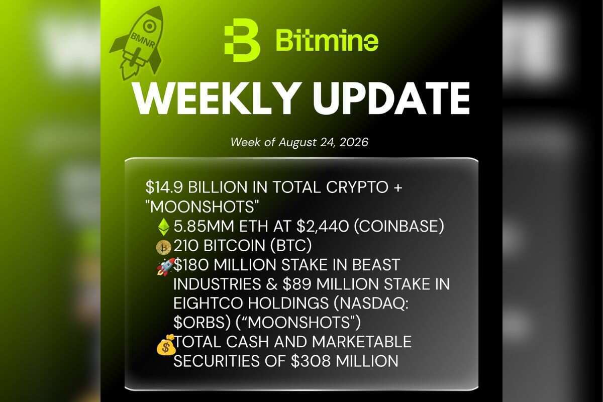 Bitmine Immersion Technologies (BMNR) Umumkan Kepemilikan ETH 5,85 Juta Token serta Total Kripto dan Kas $14,9 Miliar